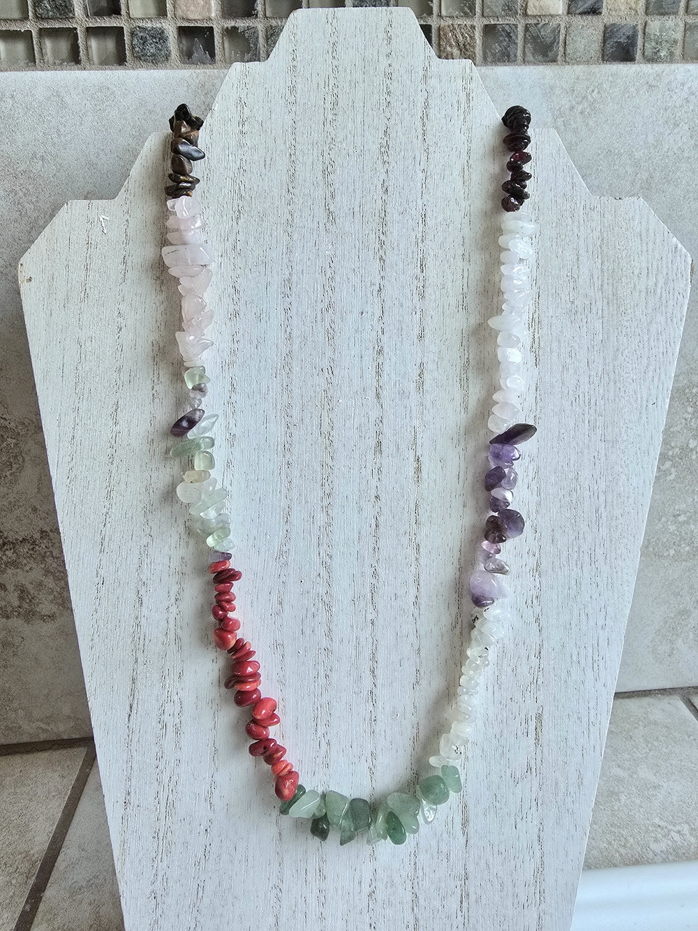 Multi-Color Gemstone Chip Beaded Necklace - Pink, Green, Red, Purple
